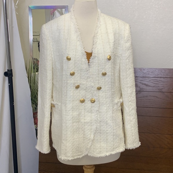 Zara Ivory Tweed Frayed Blazer (Like Balmain) Size XL Women Extra Large - Picture 16 of 16